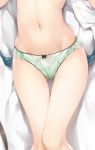  1girl ass_visible_through_thighs bed_sheet black_bow bow bowtie dakimakura feet_out_of_frame frilled_panties frills green_panties lower_body lying navel on_back on_bed original panties see-through senji_(tegone_spike) solo stomach thigh_gap thighs underwear underwear_only 