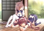  2girls :3 absurdres animal_ear_fluff animal_ears bangs black_legwear blue_eyes blush breasts brown_hair cat_ears cat_tail chocola_(nekopara) closed_eyes commentary_request eyebrows_visible_through_hair hair_ribbon highres long_hair maid maid_dress maid_headdress multiple_girls nekopara no_shoes one_eye_closed oniku_(pixiv_28205308) open_mouth ribbon short_sleeves sitting slit_pupils small_breasts smile solo stretch tail thighhighs top-down_bottom-up twintails vanilla_(nekopara) white_hair white_legwear 