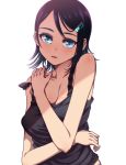  1girl bare_shoulders black_hair blue_eyes breasts chiaki_rakutarou cleavage hair_ornament hairclip highres idolmaster idolmaster_dearly_stars looking_at_viewer mizutani_eri short_hair solo tank_top white_background 