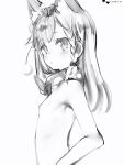  1girl animal_ears bandana blush breasts closed_mouth copyright_request eyebrows_visible_through_hair from_side greyscale highres long_hair looking_at_viewer looking_to_the_side monochrome nanashi_(nlo74593630) nipples nude side_braids simple_background small_breasts solo white_background 