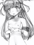  1girl armband blush breasts eyebrows_visible_through_hair fang greyscale hair_ornament heart highres long_hair looking_at_viewer monochrome nanashi_(nlo74593630) natori_sana nipples nude open_mouth sana_channel simple_background skin_fang small_breasts solo sweatdrop two_side_up virtual_youtuber white_background 
