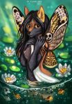  5_fingers anthro areola black_body black_fur black_hair black_nose breasts canid canine female fingers fish flashw fox fur group hair hybrid lepidopteran_wings mammal marine nipples nude orange_eyes partially_submerged portrait skull_marking three-quarter_portrait wings 