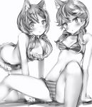  2girls all_fours animal_ear_fluff animal_ears bikini bikini_skirt breasts cameltoe cat_ears closed_mouth copyright_request eyebrows_visible_through_hair frilled_bikini frills greyscale hair_over_shoulder highres looking_at_viewer low_twintails monochrome multiple_girls nanashi_(nlo74593630) simple_background sitting small_breasts smile striped striped_bikini swimsuit twintails white_background 