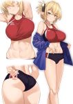 1girl abs aegis_(takunomi) armpits arms_up ass bare_shoulders black_buruma blonde_hair blue_jacket breasts buruma collarbone elf folded_ponytail green_eyes hair_ornament hairclip highres jacket large_breasts long_hair looking_at_viewer midriff motion_lines multiple_views navel off_shoulder open_clothes open_jacket original pointy_ears sidelocks simple_background sports_bra stomach takunomi thighs white_background 
