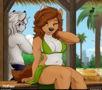  2019 anthro arctic_wolf arm_support bikini black_nose blush breasts brown_body brown_fur brown_hair canid canine canis cleavage clothed clothing detailed_background duo eyes_closed eyewear female fur glasses green_eyes hair hand_behind_head kanut_rossengard_(kanutwolfen) kanutwolfen looking_away loona_(kanutwolfen) male mammal markings multicolored_body multicolored_fur navel outside signature sitting sleeping sound_effects swimming_trunks swimwear tree two_tone_body two_tone_fur white_body white_fur white_hair wolf zzz 