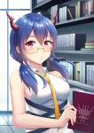  1girl absurdres arknights bangs bare_arms bare_shoulders bespectacled blue_hair blush book bookshelf breasts ch&#039;en_(arknights) commentary dragon_horns eyebrows_visible_through_hair glasses great_lungmen_logo hair_between_eyes highres holding holding_book horns indoors long_hair looking_at_viewer low_twintails medium_breasts necktie nenechi red_eyes shirt sleeveless sleeveless_shirt solo twintails upper_body white_shirt wing_collar yellow-framed_eyewear yellow_neckwear 
