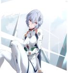  1girl artist_name ayanami_rei bangs blue_hair bodysuit breasts closed_mouth collar copyright_name eyebrows_visible_through_hair gloves hair_between_eyes hair_ornament highres interface_headset kips looking_at_viewer medium_breasts neon_genesis_evangelion pilot_suit plugsuit red_eyes short_hair signature simple_background sitting solo white_bodysuit white_gloves 