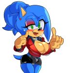  anthro big_breasts blush bodily_fluids breasts cleavage clothed clothing crossgender eyeshadow female hi_res huge_breasts lipstick makeup missphase solo sonic_the_hedgehog sonic_the_hedgehog_(series) sweat tight_clothing 