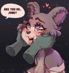  &lt;3 &lt;3_eyes ahegao beastars black_nose blush breasts brown_body brown_fur canid canine canis claws disembodied_hand english_text eyebrows eyelashes female fur grey_body grey_fur juno_(beastars) legoshi_(beastars) looking_pleasured male mammal niina-xan_(artist) open_mouth petting purple_eyes signature text tongue tongue_out wolf 