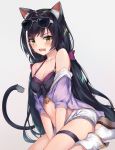  1girl absurdres animal_ears bangs bikini_top black_hair blush breasts cat_ears cat_tail cleavage collarbone commentary_request eyebrows_visible_through_hair eyewear_on_head fang gradient gradient_background green_eyes grey_background hair_ribbon highres isaya_(pixiv4541633) kyaru_(princess_connect) long_hair looking_at_viewer low_twintails medium_breasts multicolored_hair open_mouth princess_connect! princess_connect!_re:dive purple_ribbon ribbon shorts sitting solo streaked_hair sunglasses swimsuit tail thighs twintails wariza wavy_mouth white_hair white_shorts 