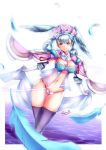  1girl alternate_costume artist_name blue_eyes blue_hair breasts cleavage feathers gainoob groin large_breasts looking_at_viewer medium_hair melia navel panties pose shiny shiny_skin smile solo thighhighs thighs underwear water wide_hips wings xenoblade_(series) xenoblade_1 
