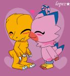  &lt;3 agumon avian beak biyomon blue_markings blush claws digimon digimon_(species) eyes_closed female kissing kissing_cheek lopez765 low_res male markings orange_body pink_background pink_body red_claws reptile ring scalie semi-anthro sharp_teeth signature simple_background smile teeth toe_claws white_claws 