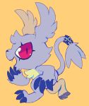  black_claws black_nose chibi claws digimon digimon_(species) extyrannomon_(artist) eye_scar fangs fur gazimon hi_res mammal purple_body purple_fur red_eyes scar simple_background tail_tuft toe_claws tuft walking yellow_background 