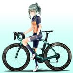  1girl alternate_costume bianchi_(company) bicycle bike_shorts blue_gloves blue_legwear breasts brown_eyes eyebrows_visible_through_hair fingerless_gloves from_side full_body gloves gradient gradient_background green_background green_hair ground_vehicle highres kantai_collection kazu_(really_in_hot_water_now) kneehighs looking_at_viewer ponytail short_sleeves sidelocks simple_background small_breasts solo white_footwear yuubari_(kantai_collection) 