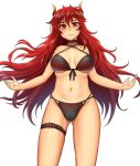  1girl ass_visible_through_thighs bikini black_bikini blush breasts chiaki_rakutarou collar dola_(nijisanji) dragon_girl dragon_horns dragon_tail hair_between_eyes highres horns long_hair looking_at_viewer nijisanji orange_eyes red_hair solo swimsuit tail thigh_strap virtual_youtuber 