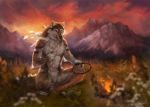  2020 4_toes 5_fingers anthro black_nose brown_body brown_fur canid canine canis day detailed_background digital_media_(artwork) fingers fire fur grass grey_body grey_fur male mammal outside sky solo toes white_body white_fur wolf wolnir 