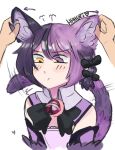  1girl animal_ear_fluff animal_ears artist_name bell black_bow black_neckwear blush bow bowtie cat_ears cat_tail cheshire_cat_(monster_girl_encyclopedia) closed_mouth commentary directional_arrow english_commentary eyebrows_visible_through_hair eyes_visible_through_hair fur hair_bow heart hhhori highres jingle_bell monster_girl monster_girl_encyclopedia neck_bell purple_hair short_hair simple_background solo tail white_background yellow_eyes 