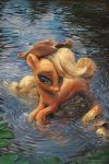  2020 2:3 applejack_(mlp) assasinmonkey blonde_hair clothing digital_media_(artwork) earth_pony equid equine eyebrows feral freckles friendship_is_magic green_eyes hair hat headgear headwear hi_res horse lily_pad looking_at_viewer mammal my_little_pony partially_submerged plant pony signature solo water 