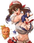  &gt;_&lt; 1girl amania_orz belt black_bra black_gloves bra brown_hair commentary_request covered_nipples fingerless_gloves gen_3_pokemon gloves green_eyes haruka_(pokemon) highres lace lace_bra long_hair looking_at_viewer midriff pokemon pokemon_(game) pokemon_oras shirt simple_background smile tied_shirt torchic underwear white_background 