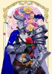  1other ambiguous_gender armor blue_cape cape commentary_request flower flower_on_head full_armor gauntlets helm helmet highres holding holding_flower knight looking_away namazu_(dc_27546) original petals rose sheath sheathed sword upper_body weapon 