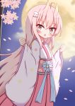  1girl :o absurdres ahoge bangs blue_flower blurry blurry_background blush cloud commentary_request depth_of_field eyebrows_visible_through_hair flower full_moon ghost_hair_ornament hair_between_eyes hair_ornament hakama highres horns japanese_clothes jiu_(sdesd3205) kimono long_hair long_sleeves looking_at_viewer moon night obi oni oni_horns open_mouth original outdoors petals pinching_sleeves pink_flower pink_hair red_eyes red_hakama sash sleeves_past_wrists solo standing tree_branch very_long_hair white_kimono wide_sleeves 