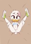  2020 anatid anseriform anthro anus areola avian bird body_writing breasts clothing disney duck ducktales_(2017) eyebrows eyelashes female footwear footwear_only genitals hair hairgrape hi_res holding_leg legs_up lena_(ducktales) looking_at_viewer lying mostly_nude nipples non-mammal_breasts non-mammal_nipples on_back open_mouth presenting pussy raised_inner_eyebrows shoes shoes_only short_hair signature small_breasts sneakers solo spread_legs spreading white_body young 