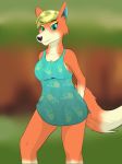 animal_crossing animal_humanoid anthro audie_(animal_crossing) blonde_hair blue_clothing blue_ears blue_eyes blue_shirt blue_topwear blurred_background bottomless breasts brown_body brown_fur canid canine canis clothed clothing dress eyebrow_through_hair eyebrows female fireryd3r fur hair hi_res humanoid looking_at_viewer mammal multicolored_body multicolored_fur multicolored_tail nintendo purple_nose shirt solo text topwear translucent translucent_hair tuft video_games watermark wolf 