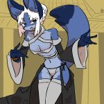  1:1 2019 4_fingers amboyna anthro bikini blue_body blue_fur blush breasts canid canine clothed clothing ear_tuft eye_through_hair female fingers fox fur gloves hair handwear kemono leaning leaning_forward legwear looking_at_viewer mammal medium_breasts open_mouth open_smile partially_clothed smile snout solo standing swimwear thigh_highs translucent translucent_hair tuft white_hair 