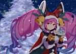  1girl bell blue_hair blurry blurry_background breasts cape christmas christmas_tree cleo_(dragalia_lost) commentary_request dark dragalia_lost eyebrows_visible_through_hair fur_trim gradient_hair hat_bell holding hood jefflink large_breasts light light_particles long_hair looking_at_viewer multicolored_hair night night_sky pink_eyes pink_hair puffy_sleeves santa_costume sky smile snow snow_globe snowflakes solo tree twintails upper_body very_long_hair 