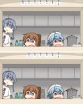  3girls alternate_costume blue_hair brown_eyes brown_hair casual clothes_writing commentary_request dated fumizuki_(kantai_collection) gotland_(kantai_collection) grey_eyes grey_hair hair_between_eyes hamu_koutarou hat high_ponytail highres indoors kantai_collection kitchen leaning_to_the_side light_blue_hair long_hair looking_away mole mole_under_eye multiple_girls ponytail red_eyes sado_(kantai_collection) sailor_hat shaded_face shirt spot_the_differences tongue translation_request wavy_hair wavy_mouth white_shirt 