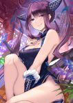  1girl bangs bare_shoulders between_legs blue_dress blue_eyes blunt_bangs blush breasts china_dress chinese_clothes cleavage closed_mouth detached_sleeves dress fate/grand_order fate_(series) flower flute hair_ornament hand_between_legs hand_on_own_chest highres instrument karlwolf knee_up large_breasts licking_lips long_hair looking_at_viewer pipa_(instrument) purple_hair side_slit sidelocks sitting smile solo thighs tongue tongue_out twintails very_long_hair yang_guifei_(fate/grand_order) 