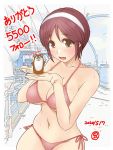  1girl artist_logo bikini bokukawauso breasts brown_eyes brown_hair collarbone commentary_request cowboy_shot dated followers hairband highres kantai_collection large_breasts mushi_mushi_ex natori_(kantai_collection) pink_bikini short_hair side-tie_bikini solo swimsuit white_hairband 