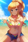  beach belt bikini_top blonde_hair blue_eyes blue_shorts breasts cleavage collarbone denim denim_shorts front-tie_top idolmaster idolmaster_cinderella_girls jewelry looking_at_viewer medium_breasts navel necklace o-ring o-ring_bikini ocean ootsuki_yui open_fly ponytail short_shorts shorts sky squatting string_bikini swimsuit tongue tongue_out waving z.nov 