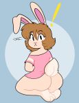  ! 3_toes anthro big_butt blue_background blush bottomless brown_hair butt clothed clothing feet female hair hi_res kabula_(artist) lagomorph leporid looking_at_viewer looking_back mammal one_ear_up pink_clothing pink_shirt pink_topwear rabbit shirt simple_background solo surprise tail_tuft toes topwear tuft 