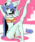  2019 4_fingers amboyna annabelle_(amboyna) anthro bikini blue_hair breasts cleavage clothed clothing ear_tuft eye_through_hair felid feline female fingers gesture hair hi_res kemono long_hair looking_at_viewer mammal medium_breasts orange_bikini raised_leg sitting solo swimwear translucent translucent_hair tuft v_sign yellow_eyes 