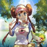  1girl arm_behind_back artist_name blue_sky branch breasts bright_pupils brown_hair cloud collarbone day double_bun gen_5_pokemon grass hand_up killy_doodle leaf long_hair medium_breasts mei_(pokemon) outdoors pokemon pokemon_(creature) pokemon_(game) pokemon_bw2 purple_eyes raglan_sleeves shirt sidelocks sky sleeves_past_elbows snivy teeth twintails water white_pupils 