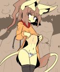  2019 4_fingers amboyna anthro bodily_fluids brown_hair clothed clothing clothing_lift ear_tuft eye_through_hair felid feline female fingers flat_chested footwear hair hi_res kemono lactating lactating_through_clothing long_hair mammal navel open_mouth open_smile orange_clothing orange_shirt orange_topwear ponytail shirt shirt_lift smile standing tongue topwear translucent translucent_hair tuft underwear wet wet_clothing 