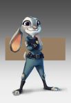  2016 anthro belt clothed clothing crossed_arms disney ears_down fully_clothed fur gradient_background grey_background grey_body grey_fur judy_hopps lagomorph leporid mammal pink_nose pivoted_ears police_uniform pose purple_eyes rabbit ruffu simple_background smile solo standing uniform zootopia 