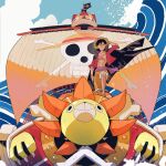  1boy black_hair hand_on_headwear hat highres jolly_roger male_focus monkey_d._luffy ocean one_piece open_clothes open_shirt outdoors scar ship shorts smile solo standing steelscarlet straw_hat thousand_sunny watercraft 