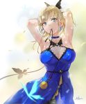  1girl another_eden armpits arms_behind_head arms_up artist_name bangs bare_shoulders blonde_hair blue_choker blue_dress blue_eyes breasts bug butterfly choker cleavage closed_mouth collarbone dress earrings eyebrows_visible_through_hair highres insect isuka_(another_eden) jewelry killy_doodle large_breasts long_hair mouth_hold see-through smile solo sweat 