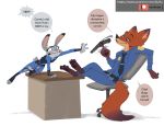  2019 anthro bad_trigger_discipline barefoot belt bottomwear brown_body brown_fur canid canine clothed clothing dialogue disney duo english_text fox fully_clothed fur grey_body grey_fur gun handgun inner_ear_fluff judy_hopps lagomorph leporid mammal neck_tuft necktie nick_wilde pants pawpads pistol police_uniform rabbit ranged_weapon reclining red_fox ruffu shirt simple_background speech_bubble text topwear tuft uniform url weapon white_background zootopia 