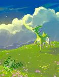  2018 blue_sky cloud cloudy_sky commentary creature crescent_moon deviantart_username english_commentary full_body galahawk gen_5_pokemon grass highres legendary_pokemon moon no_humans outdoors pokemon pokemon_(creature) sky solo standing standing_on_three_legs tumblr_username virizion 