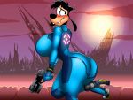  2019 4:3 anthro big_breasts big_butt black_nose blush bodily_fluids breasts butt canid canine canis clothing crossgender disney domestic_dog dracojeff flying_sweatdrops footwear goof_troop gun high_heels mammal max_goof metroid nintendo nipple_outline outside ranged_weapon science_fiction shoes sweat sweatdrop thin_waist video_games weapon zero_suit 