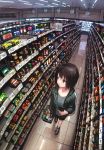  1girl black_eyes black_hair food groceries highres jacket original phone reflection shelf shopping shopping_basket short_hair tile_floor tiles tokunaga_akimasa 