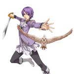  1girl artist_request bird black_legwear boots breasts eiyuu_densetsu falcon highres holding holding_sword holding_weapon klose_rinz long_sleeves looking_at_viewer official_art open_mouth purple_hair short_hair simple_background small_breasts sora_no_kiseki sword weapon white_background 