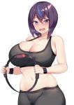  1girl bangs bare_shoulders black_hair blue_eyes blue_hair blush breasts cleavage collarbone cowboy_shot eyebrows_visible_through_hair hair_between_eyes heart kuavera large_breasts looking_at_viewer miyako_(kuavera) multicolored_hair navel nose_blush open_mouth original ring_fit_adventure short_hair simple_background solo sports_bra streaked_hair sweat symbol-shaped_pupils tank_top underwear white_background 