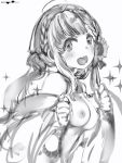  1girl :d ahoge bare_shoulders blush braid breasts copyright_request eyelashes greyscale hands_up highres long_hair long_sleeves looking_at_viewer medium_breasts monochrome nanashi_(nlo74593630) nipples open_mouth simple_background smile solo sparkle twintails upper_body white_background wide_sleeves 