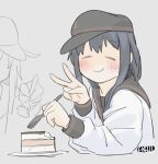  2girls =_= akatsuki_(kantai_collection) anchor_symbol artist_name black_hair black_headwear black_sailor_collar cake ergot facing_viewer flat_cap food fork grey_background hat hibiki_(kantai_collection) kantai_collection long_hair multiple_girls neckerchief red_neckwear sailor_collar simple_background solo_focus v 