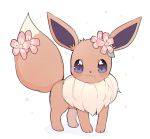  :3 clarevoir closed_mouth commentary creature eevee english_commentary flower full_body gen_1_pokemon hair_flower hair_ornament looking_at_viewer no_humans pokemon pokemon_(creature) purple_eyes simple_background solo standing tail_flower white_background 