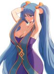  0.8 1girl armpits arms_up bare_shoulders blue_eyes blue_hair breasts cleavage collarbone eyebrows_visible_through_hair large_breasts league_of_legends long_hair parted_lips pink_lips simple_background smile solo sona_buvelle twintails white_background 